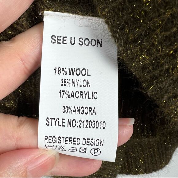 NEW See U Soon Brown Mock Neck Sweater S/M Gold Metallic - Picture 4 of 6